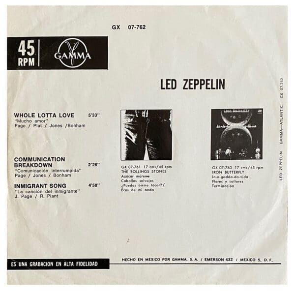 Single <br>Mexico (GX07-762) <br>Whole Lotta Love / Communication Breakdown / Immigrant Song (#2) - Image 2
