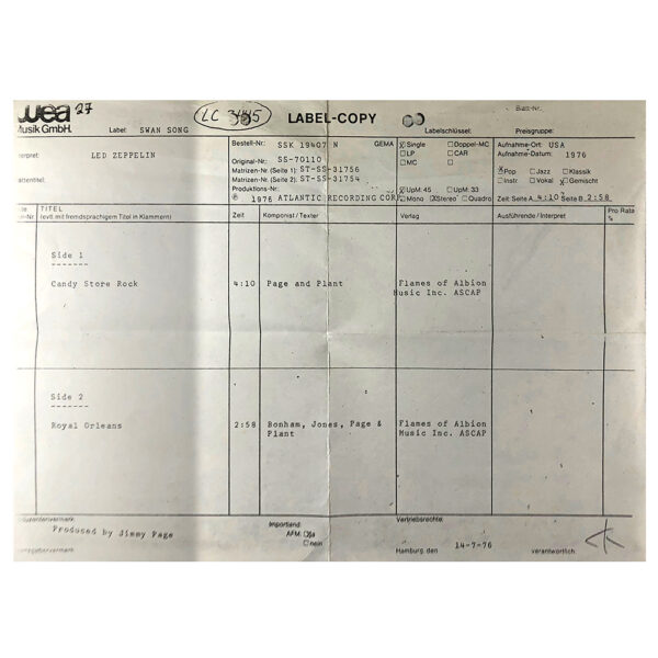 Single <br>Germany (SSK 19407) <br>Candy Store Rock / Royal Orleans (Test Pressing #1) - Image 2