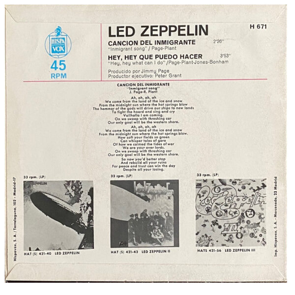 Single <br>Spain (H-671) <br>Immigrant Song / Hey, Hey, What Can I Do - Image 2