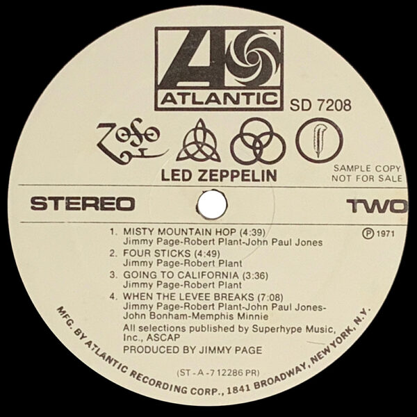 LP <br>Led Zeppelin IV <br>USA (SD 7208) Promo #1 - Image 3