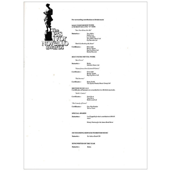 Ivor Novello Awards (1977) Program (UK) - Image 4