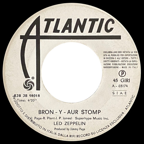 Single <br>Italy (RJB JB 98018) <br>Bron-y-Aur Stomp / Immigrant Song (Promo) - Image 2