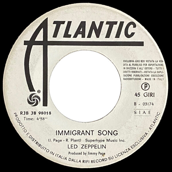 Single <br>Italy (RJB JB 98018) <br>Bron-y-Aur Stomp / Immigrant Song (Promo) - Image 3