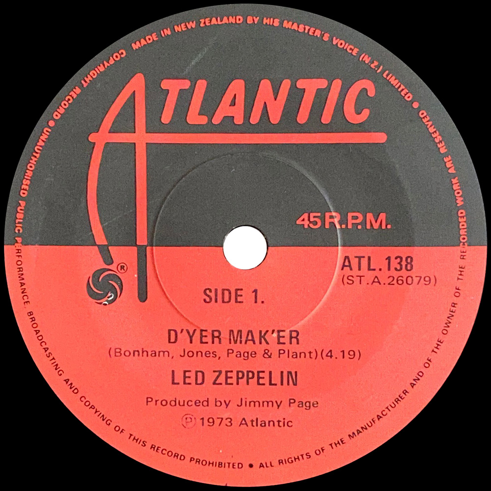 Single <br>New Zealand (ATL.138) <br>D'yer Mak'er / The Crunge