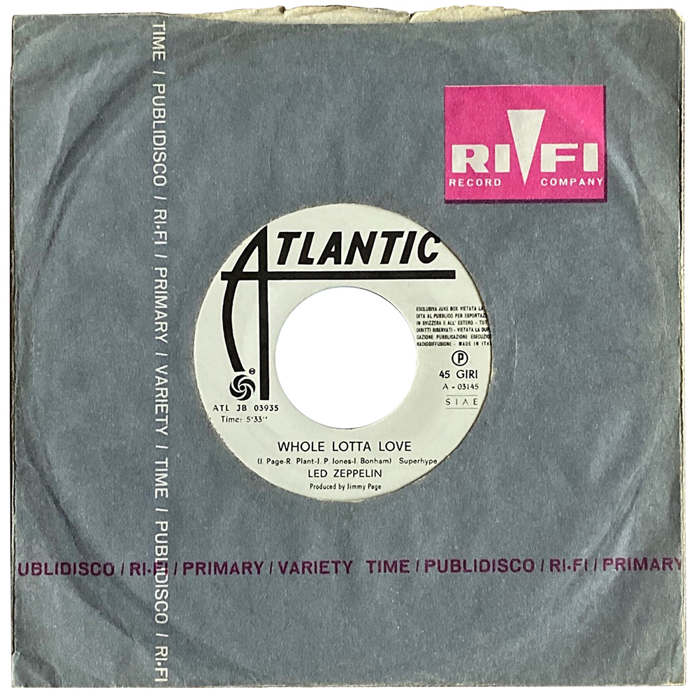 Single <br>Italy (ATL JB 03935) <br>Whole Lotta Love / Free Me (Promo #1)