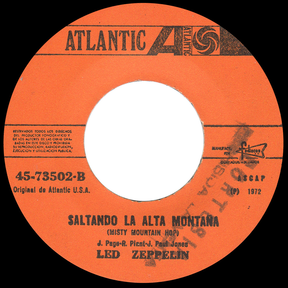 Single <br>Ecuador (45-73502) <br>Black Dog / Misty Mountain Hop (Promo)