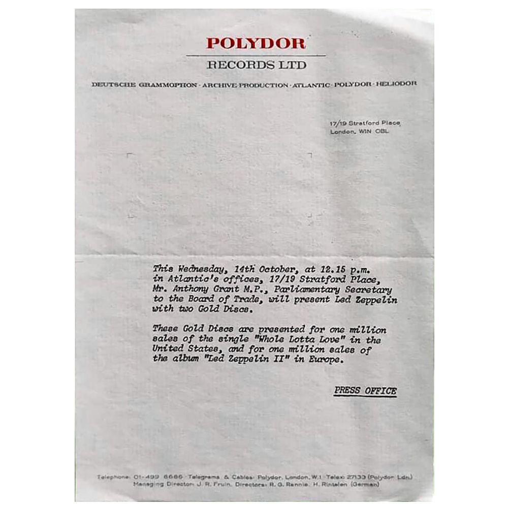 Whole Lotta Love (1969)Polydor Press Release Letter (UK ...