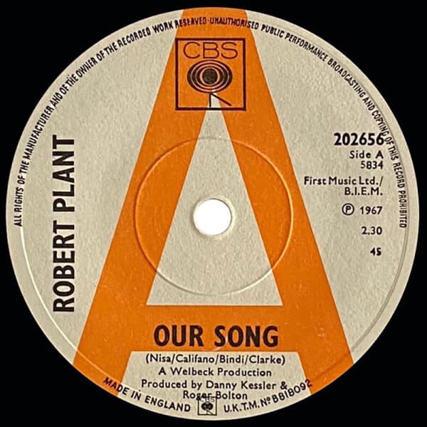 Pre-Zep Single <br>Robert Plant <br>UK (202656) <br>Our Song / Laughin', Cryin', Laughin' (Promo) - Image 2