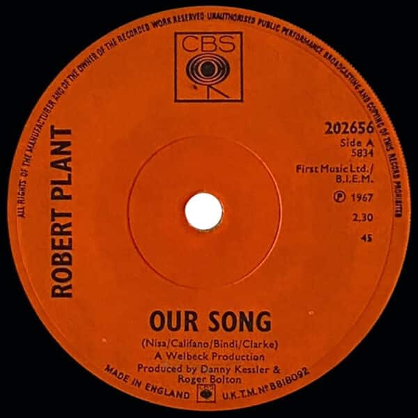 Pre-Zep Single <br>Robert Plant <br>UK (202656) <br>Our Song / Laughin', Cryin', Laughin' #2 - Image 2