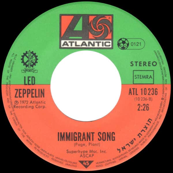 Single <br>Israel (ATL 10236) <br>Whole Lotta Love / Immigrant Song (Promo) - Image 2