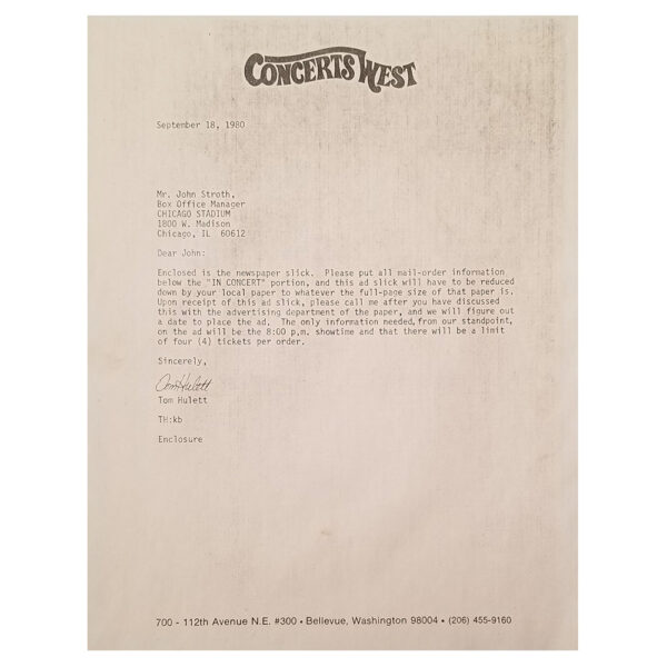 Concert Rarity <br>1980.09.18 <br>Letter, Concerts West