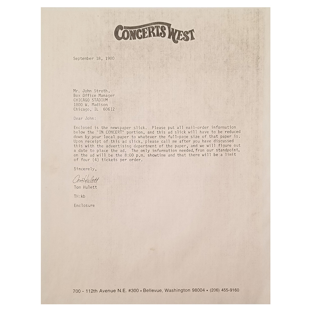 Concert Rarity <br>1980.09.18 <br>Letter, Concerts West