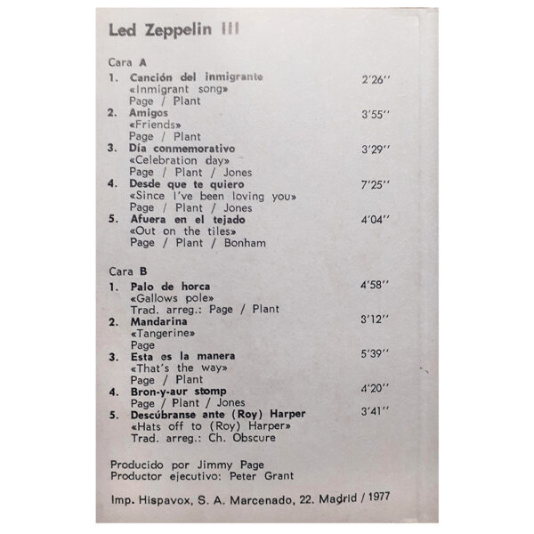 Cassette <br>Led Zeppelin III <br>Spain (CH 59) - Image 3