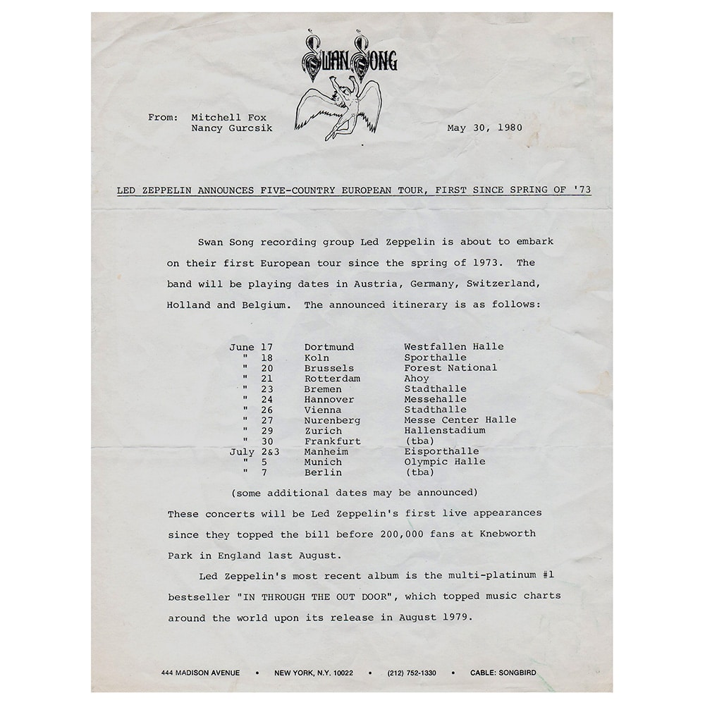 Concert Rarity <br>1980.05.30 <br>Press Release, Announces European Tour