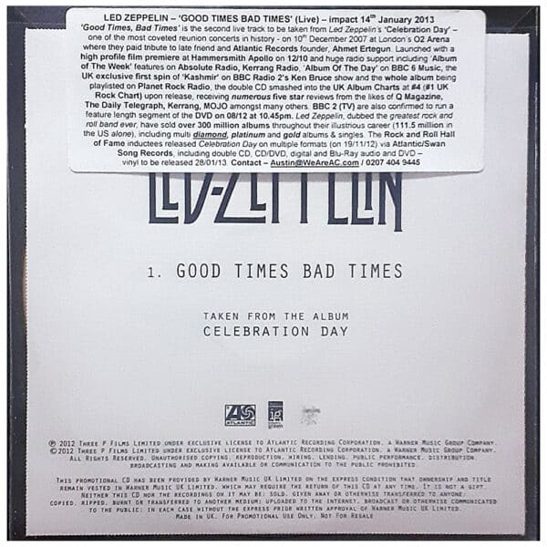 Celebration Day <br>CD, Promotional, Good Times Bad Times (UK)